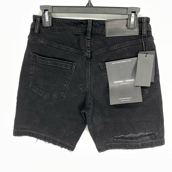 Homme + Femme NEW Distressed Flames Logo Jean Shorts Mens Sz 28 Black Stretch - Picture 6 of 11